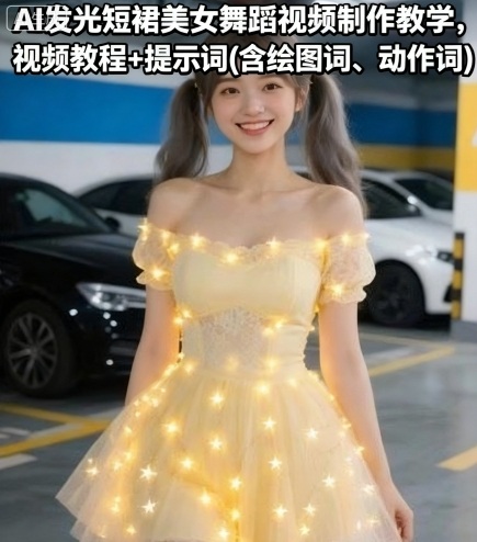 AI发光短裙美女舞蹈视频制作教学，视频教程+提示词(含绘图词、动作词)-AI创作学习-提示词应用-短视频玩法超体AI酒吧
