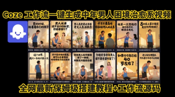 coze工作流：一键生成”中年男人困境扎心图文视频”，保姆级拆解教程+源码-AI创作学习-提示词应用-短视频玩法超体AI酒吧