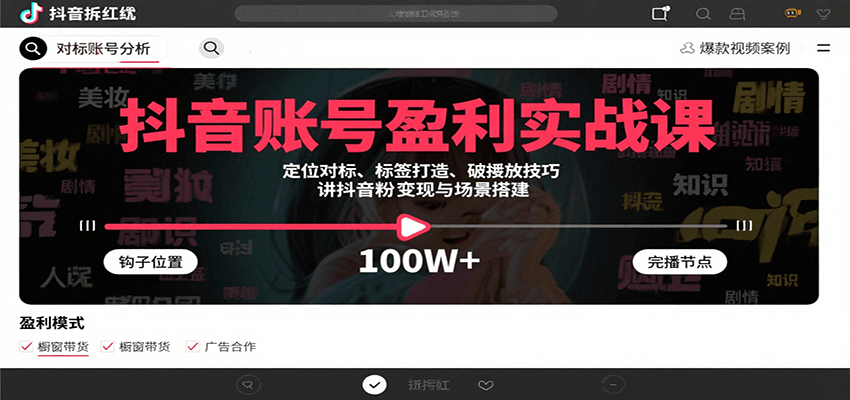 抖音账号盈利实战课：个人IP从0到1的完整运营体系，涵盖8大盈利模式定位-AI创作学习-提示词应用-短视频玩法超体AI酒吧