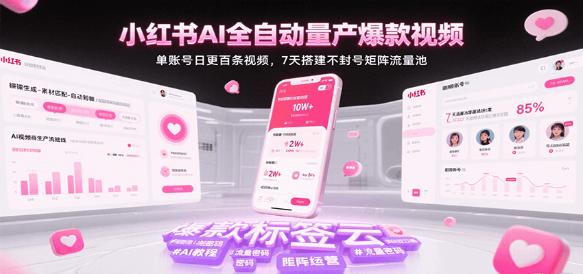 超哥：小红书AI全自动量产爆款视频，单账号日更百条视频，7天搭建不封号矩阵流量池（更新…）-AI创作学习-提示词应用-短视频玩法超体AI酒吧
